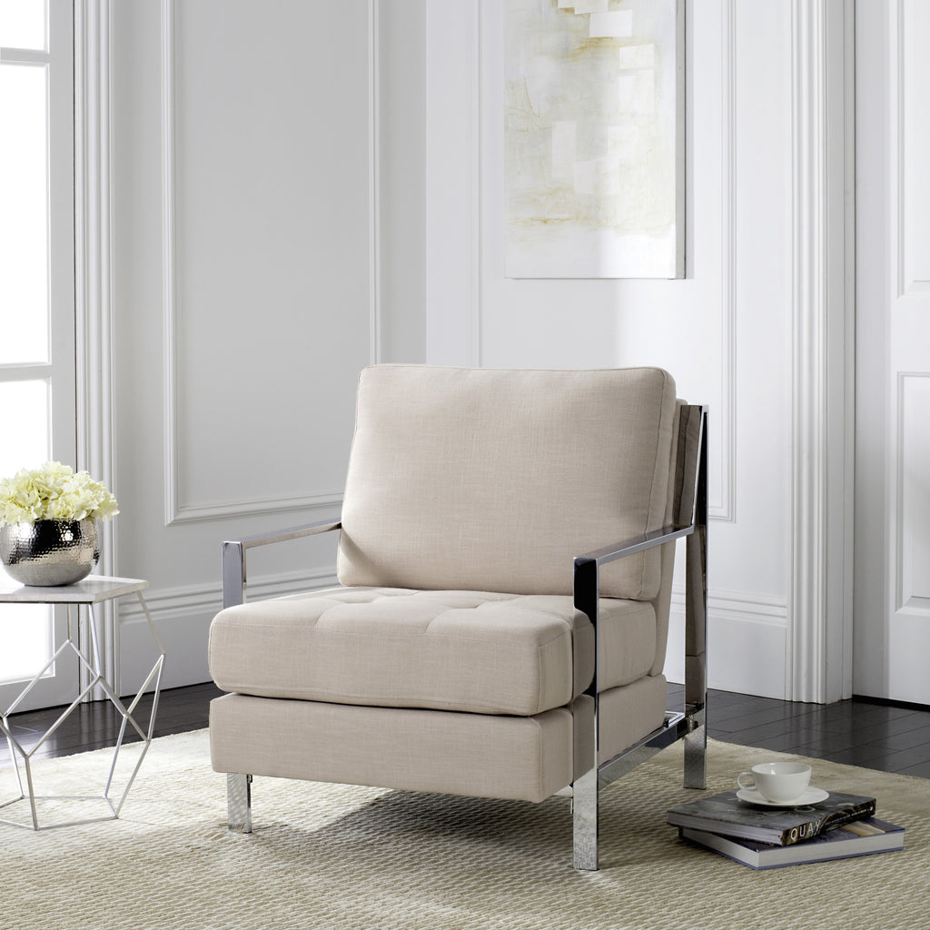 Safavieh Walden Modern Tufted Linen Chrome Accent Chair Beige Furniture  Feature