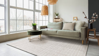 Modern living room with a gray sofa, coffee table, and decorative items around the Exquisite Rugs Alpine 5970 Light Beige/Ivory Featured.
