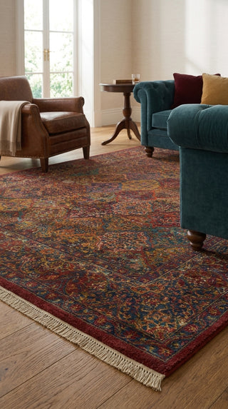Featured room scene of Karastan's legendary Kirman design in all wool pile.