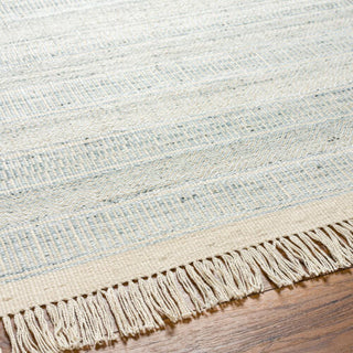 Textured area rug with fringes on a wooden floor