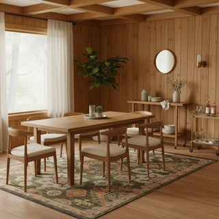 Oriental Weavers Legacy LGY02 Green / Rust Area Rug dining room scene.