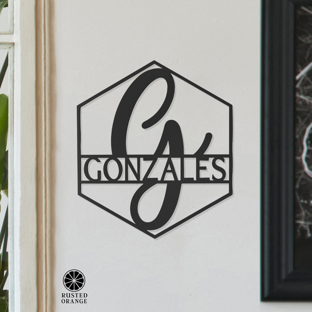 Hexagon Monogram - 2 Sizes - Personalized Metal Family Name Sign For Home Decor