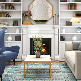 Couristan Siena Tessera Blue/Gold/Steel Area Rug Lifestyle Image Feature