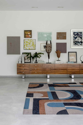 Louis De Poortere Nuance Module 9196 Camel Blue Area Rug Lifestyle Image Feature