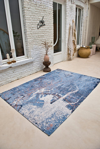 Louis De Poortere Cities Tokyo 9314 Conductive Blue Area Rug Lifestyle Image Feature