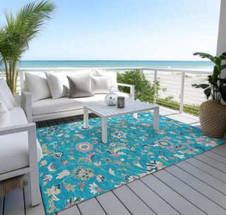 Piper Looms Chantille Floral ACN1006 Teal Machine Washable Area Rug Outdoor Lifestyle Image Feature