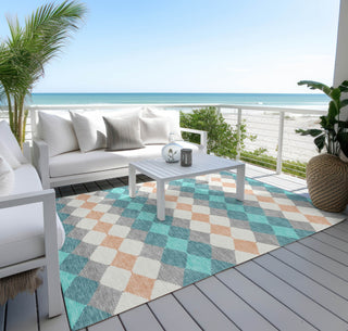 Piper Looms Chantille Geometric ACN1007 Teal Machine Washable Area Rug Outdoor Lifestyle Image Feature