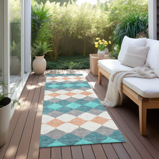 Piper Looms Chantille Geometric ACN1007 Teal Machine Washable Area Rug Runner Outdoor Lifestyle Image Feature