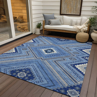 Piper Looms Chantille Tribal ACN1010 Blue Machine Washable Area Rug Outdoor Lifestyle Image Feature