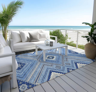 Piper Looms Chantille Tribal ACN1010 Blue Machine Washable Area Rug Outdoor Lifestyle Image Feature