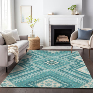 Piper Looms Chantille Tribal ACN1010 Teal Machine Washable Area Rug Lifestyle Image Feature