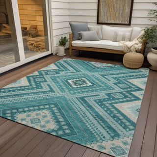 Piper Looms Chantille Tribal ACN1010 Teal Machine Washable Area Rug Outdoor Lifestyle Image Feature