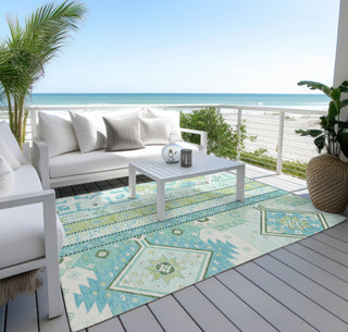 Piper Looms Chantille Aztec ACN1015 Mint Machine Washable Area Rug Outdoor Lifestyle Image Feature