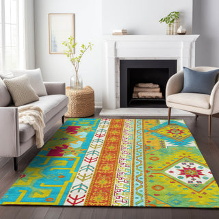 Piper Looms Chantille Aztec ACN1015 Teal Machine Washable Area Rug Lifestyle Image Feature