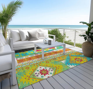 Piper Looms Chantille Aztec ACN1015 Teal Machine Washable Area Rug Outdoor Lifestyle Image Feature