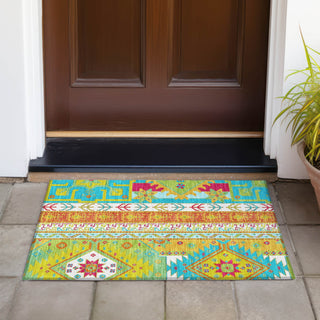 Piper Looms Chantille Aztec ACN1015 Teal Machine Washable Area Rug Scatter Outdoor Lifestyle Image Feature