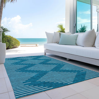 Piper Looms Chantille Geometric ACN1016 Teal Machine Washable Area Rug Outdoor Lifestyle Image Feature
