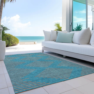 Piper Looms Chantille Geometric ACN1017 Teal Machine Washable Area Rug Outdoor Lifestyle Image Feature