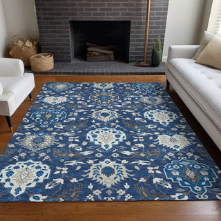Piper Looms Chantille Damask ACN1026 Navy Machine Washable Area Rug Lifestyle Image Feature