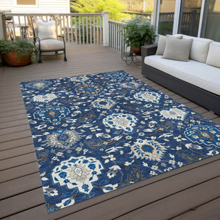 Piper Looms Chantille Damask ACN1026 Navy Machine Washable Area Rug Outdoor Lifestyle Image Feature