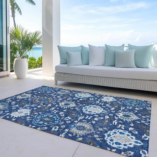 Piper Looms Chantille Damask ACN1026 Navy Machine Washable Area Rug Outdoor Lifestyle Image Feature