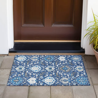 Piper Looms Chantille Damask ACN1026 Navy Machine Washable Area Rug Scatter Outdoor Lifestyle Image Feature