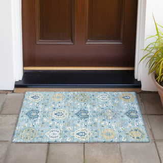 Piper Looms Chantille Damask ACN1026 Sky Machine Washable Area Rug Scatter Outdoor Lifestyle Image Feature