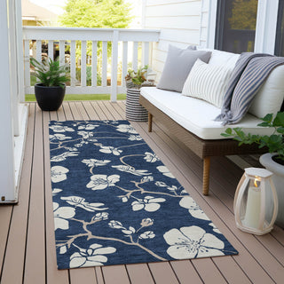 Piper Looms Chantille Floral ACN1032 Navy Machine Washable Area Rug Runner Outdoor Lifestyle Image Feature
