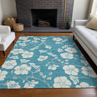 Piper Looms Chantille Floral ACN1032 Turquoise Machine Washable Area Rug Lifestyle Image Feature