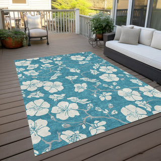 Piper Looms Chantille Floral ACN1032 Turquoise Machine Washable Area Rug Outdoor Lifestyle Image Feature