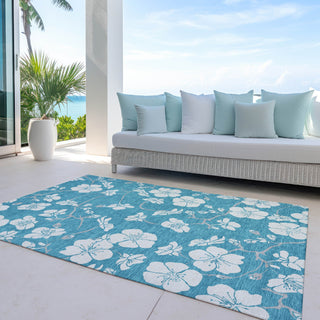 Piper Looms Chantille Floral ACN1032 Turquoise Machine Washable Area Rug Outdoor Lifestyle Image Feature