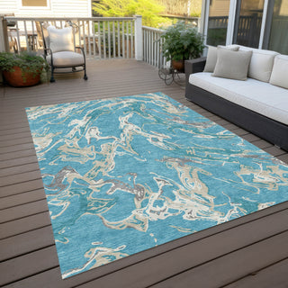 Piper Looms Chantille Abstract ACN1035 Teal Machine Washable Area Rug Outdoor Lifestyle Image Feature