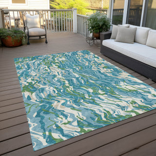 Piper Looms Chantille Swirls ACN1038 Teal Machine Washable Area Rug Outdoor Lifestyle Image Feature