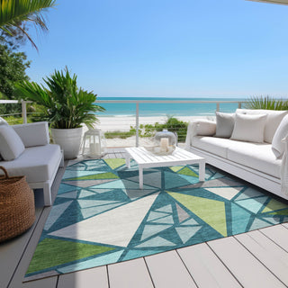 Piper Looms Chantille Geometric ACN1039 Teal Machine Washable Area Rug Outdoor Lifestyle Image Feature