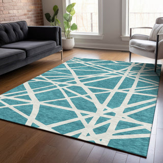 Piper Looms Chantille Geometric ACN1040 Teal Machine Washable Area Rug Lifestyle Image Feature