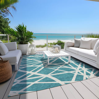 Piper Looms Chantille Geometric ACN1040 Teal Machine Washable Area Rug Outdoor Lifestyle Image Feature