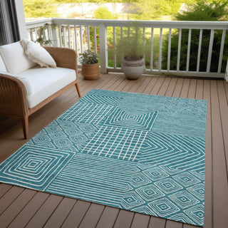 Piper Looms Chantille Geometric ACN1044 Teal Machine Washable Area Rug Outdoor Lifestyle Image Feature