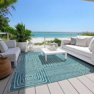 Piper Looms Chantille Geometric ACN1044 Teal Machine Washable Area Rug Outdoor Lifestyle Image Feature