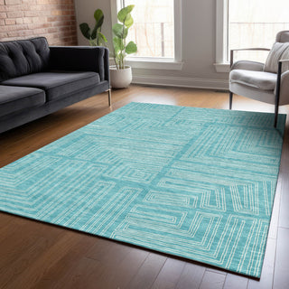 Piper Looms Chantille Geometric ACN1045 Turquoise Machine Washable Area Rug Lifestyle Image Feature