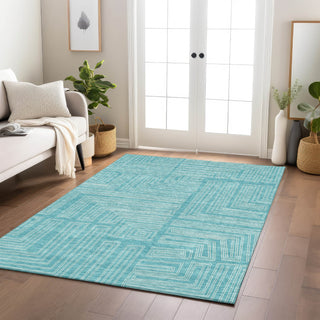 Piper Looms Chantille Geometric ACN1045 Turquoise Machine Washable Area Rug Lifestyle Image Feature