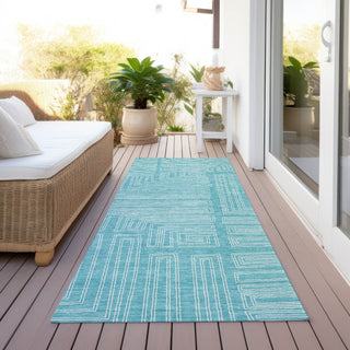 Piper Looms Chantille Geometric ACN1045 Turquoise Machine Washable Area Rug Runner Outdoor Lifestyle Image Feature