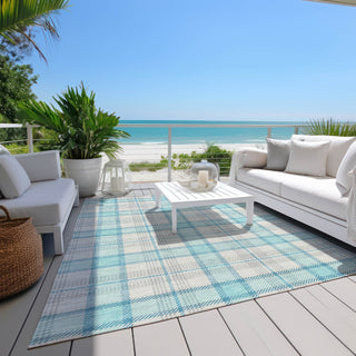 Piper Looms Chantille Plaid ACN1052 Aqua Machine Washable Area Rug Outdoor Lifestyle Image Feature