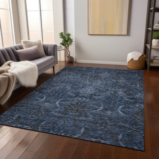 Piper Looms Chantille Damask ACN1082 Navy Machine Washable Area Rug Lifestyle Image Feature