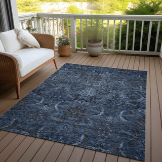 Piper Looms Chantille Damask ACN1082 Navy Machine Washable Area Rug Outdoor Lifestyle Image Feature