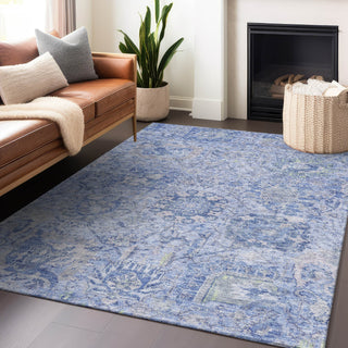 Piper Looms Chantille Damask ACN1102 Sky Machine Washable Area Rug Lifestyle Image Feature