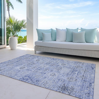 Piper Looms Chantille Damask ACN1110 Blue Machine Washable Area Rug Outdoor Lifestyle Image Feature