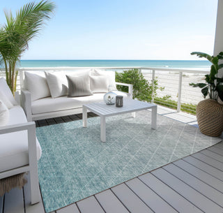 Piper Looms Chantille Geometric ACN1175 Teal Machine Washable Area Rug Outdoor Lifestyle Image Feature