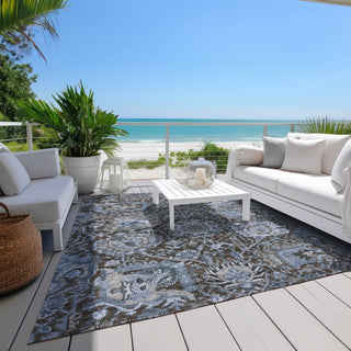 Piper Looms Chantille Damask ACN1320 Denim Machine Washable Area Rug Outdoor Lifestyle Image Feature
