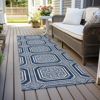 Piper Looms Chantille Geometric ACN1459 Navy Machine Washable Area Rug Runner Outdoor Lifestyle Image Feature