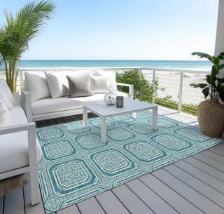 Piper Looms Chantille Geometric ACN1463 Teal Machine Washable Area Rug Outdoor Lifestyle Image Feature